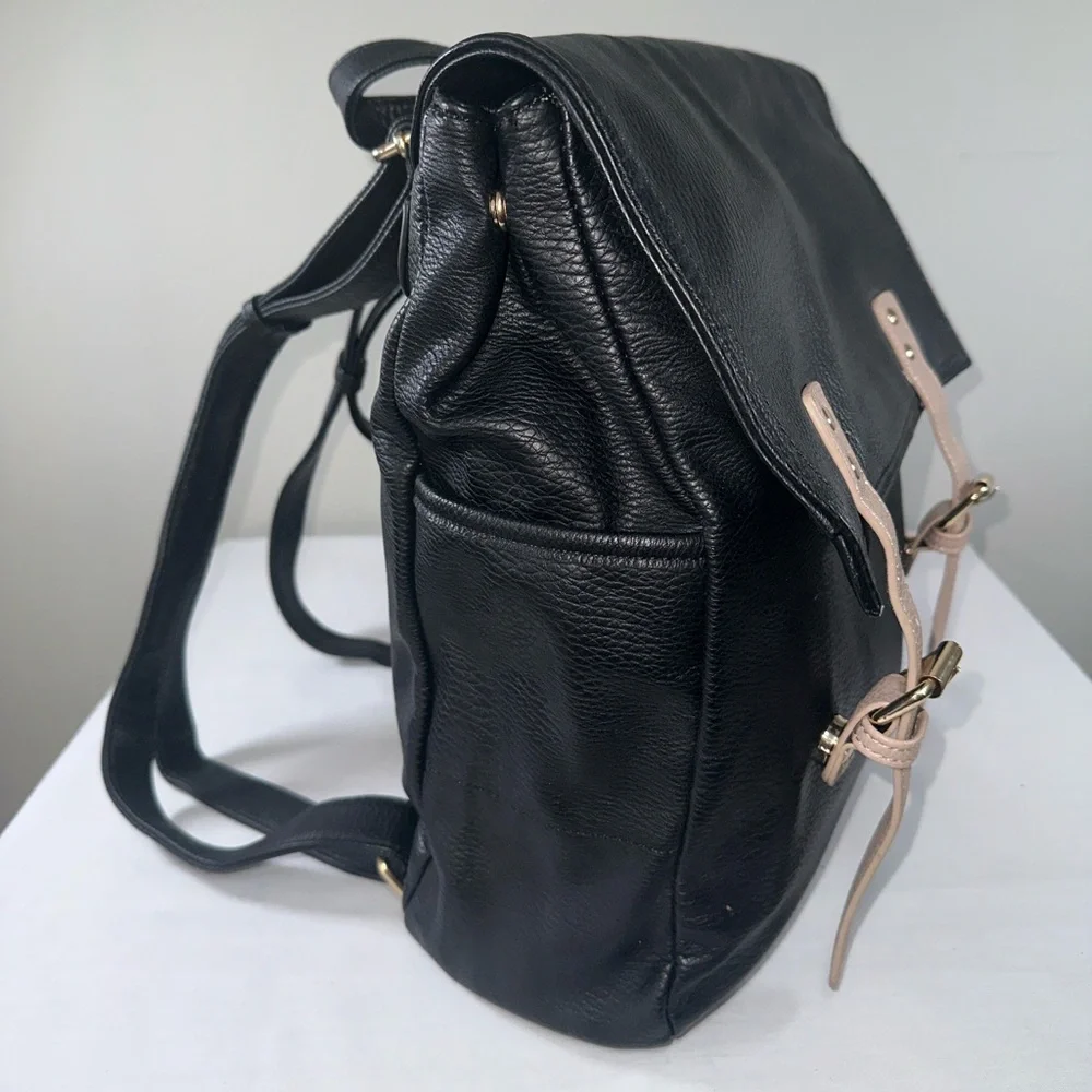 Madison West Faux Leather Convertible Backpack Tan and Black Gold Hardware